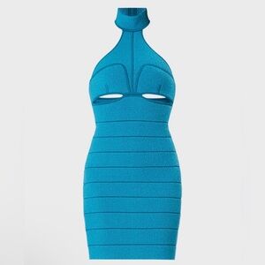 NWT! $1390 Herve Leger Double Knit Halter Mini Dress Blue